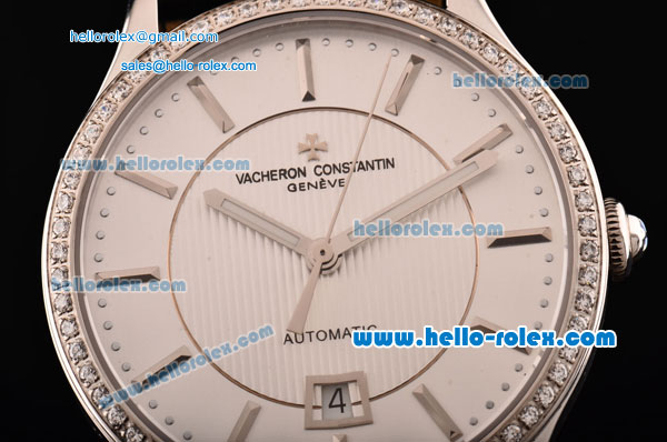 Vacheron Constantin Patrimony Swiss ETA 2836 Automatic Steel Case Diamond Bezel and Black Leather Strap with White Dial Stick Markers - Click Image to Close